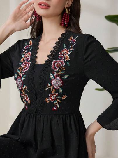 Al Najma 1pc Women Long Embroidery Vacation/Resort Dress, Women Black Long Dress