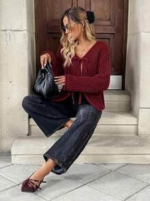 SHEIN LUNE Áo len cardigan cài nút màu trơn cho nữ, Xuân/Hè - Màu Đỏ Sâu - Xem 3