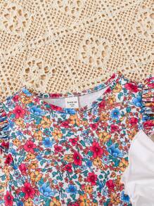 2pcs/Set Young Girls Ditsy Floral And Cute Rabbit Pattern Knit T-Shirt Set - White - View 5