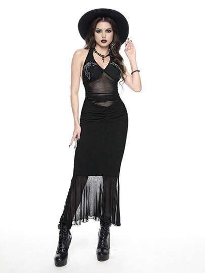Goth Schwarzes Neckholder-Kleid mit transparenten Strass und Falten für Frauen, Konzert-Kostüme, Rave-Kostüme, Karnevals-Kostüme, Country-Konzert-Kostüme, Sommer-Outfits für Frauen
