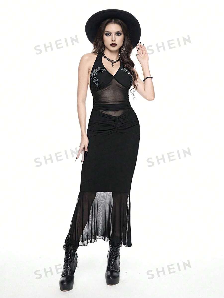 ROMWE Goth Schwarzes Neckholder-Kleid mit transparenten Strass und Falten für Frauen, Konzert-Kostüme, Rave-Kostüme, Karnevals-Kostüme, Country-Konzert-Kostüme, Sommer-Outfits für Frauen - Schwarz - Übersicht 1