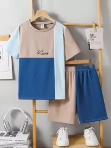 2pcs Tween Boy Casual Collegiate Comfortable & Fashion Minimalist Practical Soft Contrast Color Lettering Print Short Sleeve T-Shirt And Elastic Waist Shorts Set, Suitable For Autumn, Spring, Summer, Suitable For Daily Wear, Outdoor Play, Sports, School, Street Style, Party And Loungewear