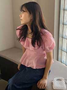 DAZY 方领修身短款女式衬衫，荷叶边，娃娃衫，度假风