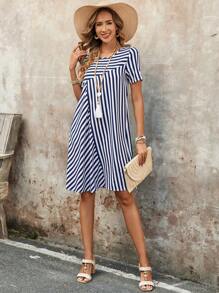 EMERY ROSE 女士条纹圆领短袖休闲短裙 - 藍白色 - 查看 4