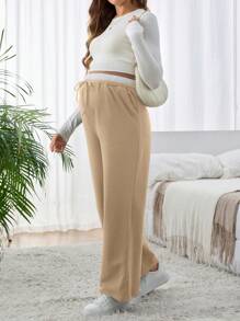 SHEIN 孕妇撞色腰带口袋阔腿休闲裤 - 卡其色 - 查看 6