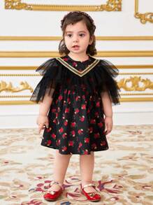 SHEIN Baby Girl Elegant Black Floral Mesh Overlay Summer Dress - Black - View 9