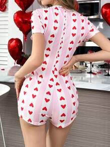 Stripe & Heart Print Snap Button Short Sleeve Jumpsuit Pajama Set - Multicolor - View 2
