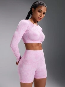 Powerista Women's Graphic Print Round Neck Long Sleeve Top And Shorts Activewear Set Workout Women Sets - Pink - View 6