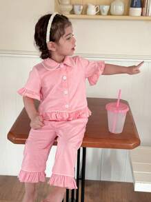 SHEIN Leap Crew 2 Pieces Baby Girl Cute & Simple Peter Pan Collar Button Front Ruffle Hem Short Sleeve Top And Pants Soft Homewear Pajama Set - Pink - View 5