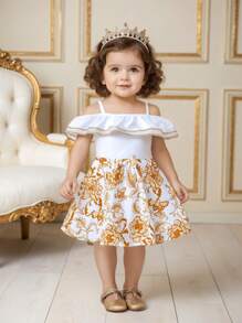 Baby Girl Clothing Golden Floral Print Camisole Shoulder Top And Skirt Elegant Summer Suit - Multicolor - View 5