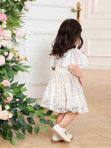 Baby Girl Floral Embroidered Mesh Puff Sleeve Cute Dress - Beige - View 2