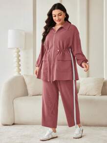 Mulvari 2pcs/Set Plus Size Contrast Binding Drawstring Waist Jacket And Pants - Dusty Pink - View 7