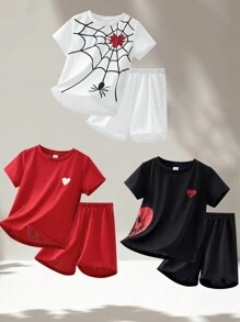 Set de 6 bucăți pentru copii, ocazional, confortabil, la modă, simplu și practic, set de tricou și pantaloni scurți, model moale de inimă și păianjen, potrivit pentru primăvară/vară și sărbători precum Ziua Îndrăgostiților"