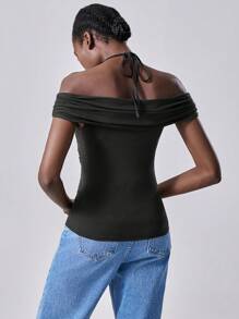 Chiquease Top cu mânecă scurtă cu volanat, cu umăr dezactivat, tricou confortabil, slim, cu design sexy