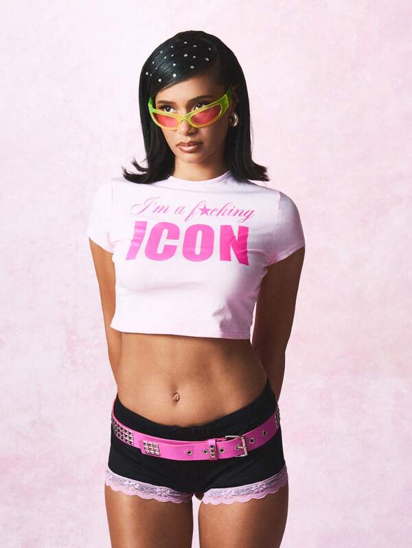 SUMWON WOMEN Y2K Style Icon Statement Crop Top Baby Tee Rhinestone Hair Festival Party Club Wear Summer Fashion Graphic T-Shirt