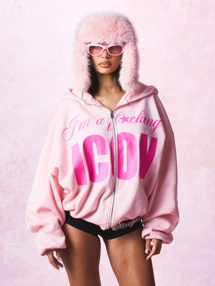 SUMWON WOMEN Y2K 美学超大号个性连帽衫，带有俏皮文字印花全拉链运动衫，冬季个性休闲街头服饰，节日派对俱乐部服饰