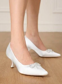 CUCCOO HITCHD Zapatos de tacón alto de satén blanco con rhinestones en forma de lazo - Zapatos sexys, elegantes, casuales para vacaciones, fiesta, San Valentín, cita, boda y banquete para mujeres