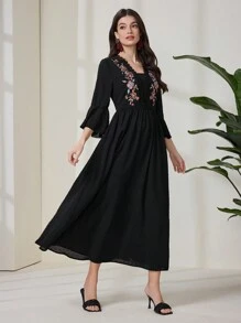 Al Najma 1 件女式长款刺绣度假/度假连衣裙，女式黑色长裙 - 黑色 - 查看 4