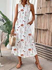 EMERY ROSE 女士度假花卉印花缺口 V 领口袋长款休闲连衣裙超长款女装