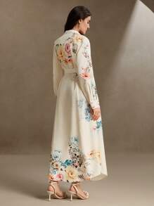 Anewsta Elegant Linen-Like Printed Tie Waist Floral Midi Dress, Spring Outfit For Women - Yellow - View 2