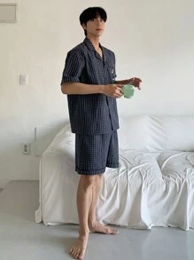 DAZY Summer Bear Embroidery Plaid Shirt & Shorts 2 Pieces Pajama Set For Men