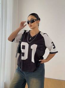 POPSWAY T-shirt d'été décontracté à manches courtes avec lettres et chiffres perforés pour femmes en grande taille - Multicolore - Voir 4