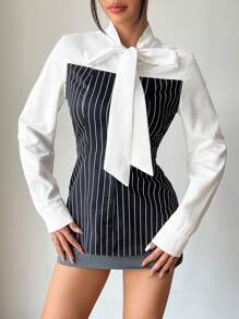 SHEIN Unity 全新 拼接单排扣长袖蝴蝶结领优雅女士办公衬衫 - 黑與白 - 查看 6