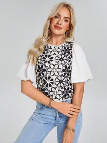 SHEIN LUNE Women White Short Puff Sleeve Blouse With Embroidered Design - Black and White - View 5