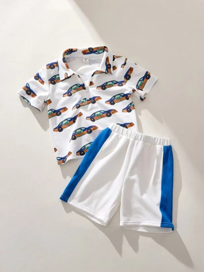 SHEIN Young Boy Front Zip Short Sleeve Allover Print Simple Top And Shorts Casual Outfit Set