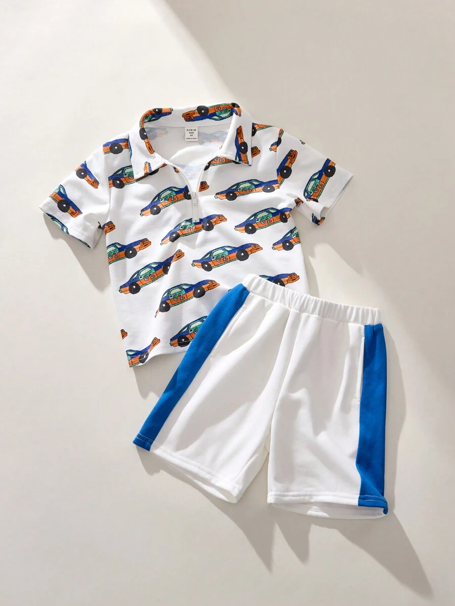 SHEIN Young Boy Front Zip Short Sleeve Allover Print Simple Top And Shorts Casual Outfit Set - Multicolor - View 1