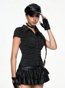 ROMWE Grunge Punk Women's Striped Fitted Short Sleeve Single-Breasted Cinched Waist Shirt,Summer , Summer Outfits ,Summer Clothes,Summer Outfits For Women