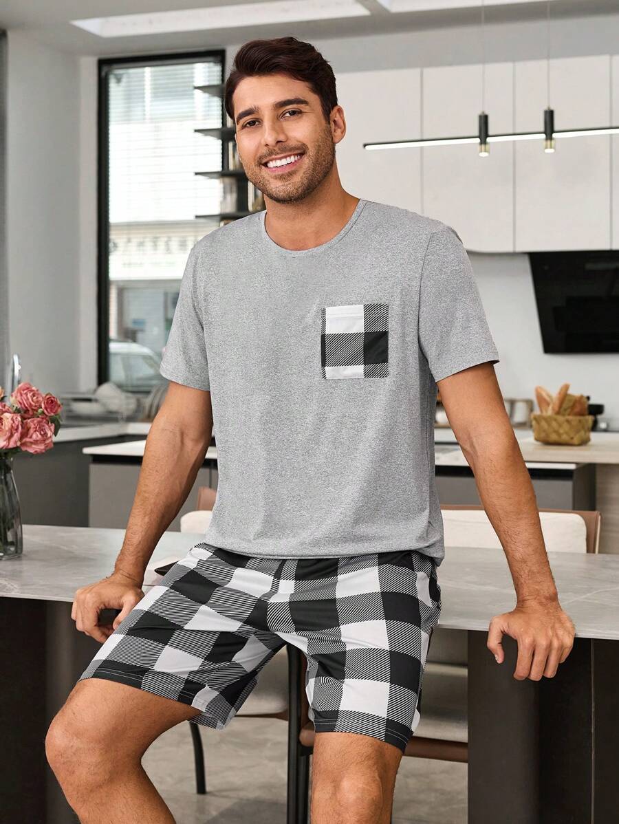 Snug Zone Plaid Print Short Sleeve Shorts Men Pajama Set - Light Grey - View 1
