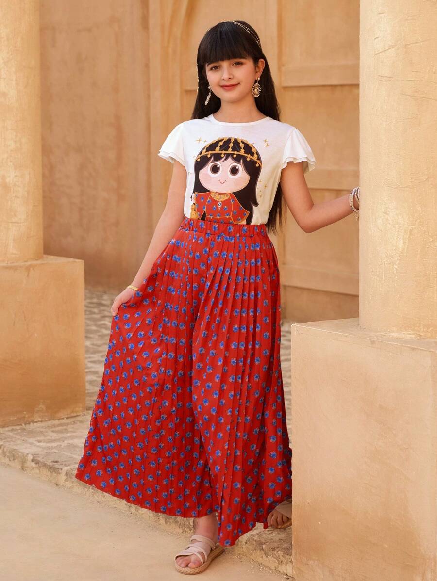 SHEIN 2pcs Tween Girls Set Cap Sleeve Top And Ditsy Floral Pleated Wide Leg Pants Outfit - Burgundy - View 1