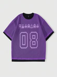 ROMWE MEN Prep Men's Jersey Cotton Blend Mesh College Tee, Spring/Summer - Multicolor - View 1