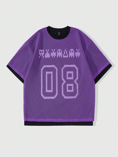 Prep تي شيرت كوليدج مصنوع من قطن مخلوط بشبكي للرجال ، ربيع/صيف