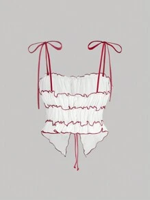 SHEIN MOD 红白可爱夏季背心撞色边饰女士夏季吊带背心、挤奶女工风格、舒适背心 - 紅色 - 查看 2