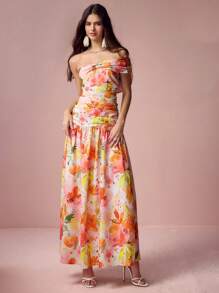 Enchnt 女士优雅花卉印花褶皱连衣裙，度假连衣裙 - 橘色 - 查看 3