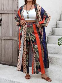 SHEIN LUNE 女士亚麻花卉印花宽松防晒罩衫 海滩罩衫 - 咖啡棕 - 查看 4