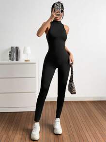 SHEIN EZwear 黑色针织无缝无袖连体裤