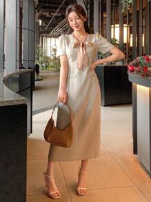 DAZY Váy midi buộc dây cổ chữ V thanh lịch cho nữ, Xuân/Hè - Màu xanh lam - Xem 3