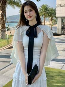 DAZY Women's Color-Block Layered Ribbon Trim Blouse,Ruffle Vacation Outfits Women - White - View 4