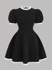 Girlism Vestido mini línea A de niña preadolescente con mangas abullonadas, adorno de encaje negro vintage, vestido elegante, vestido de fiesta, vestido negro pequeño