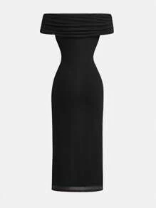 SHEIN Girlism 少女优雅露肩褶皱网眼紧身连衣裙、派对连衣裙 - 黑色 - 查看 2