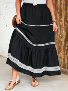 SHEIN LUNE Plus Size Women Floral Lace Patchwork Loose A-Line Hem Long Skirt, Versatile For Spring And Summer - Black - View 3