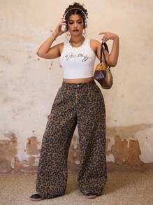 SHEIN ICON Plus Size Women Leopard Print Loose Cargo Pocket Denim Jeans