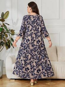Lacomfia Plus Size Floral Print 3/4 Sleeve Loose Arabic Style Dress