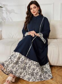 Lacomfia 大码休闲拼布印花长袖宽松常规春秋连衣裙 - 彩色 - 查看 1