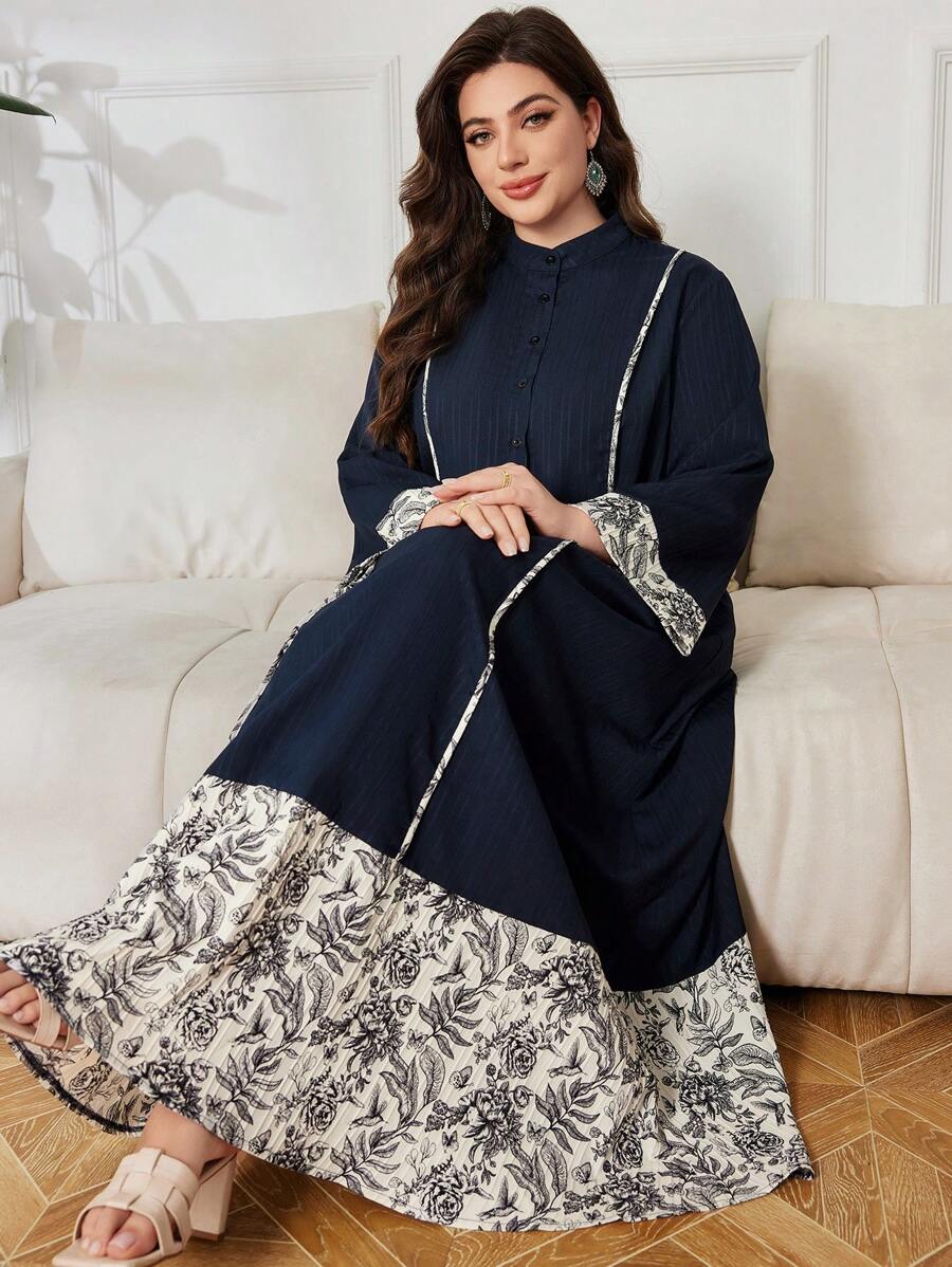 Lacomfia 大码休闲拼布印花长袖宽松常规春秋连衣裙 - 彩色 - 查看 1