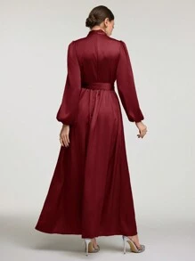 Veilorie 女士纯色立领灯笼袖优雅长款阿拉伯连衣裙长款晚礼服，端庄大方 - 酒紅色 - 查看 3