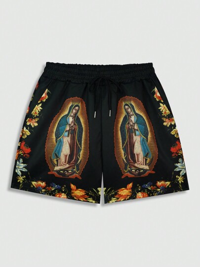 Goth Men's Religious Pattern Print Shorts, Suitable For Streetwear Spring & Summer